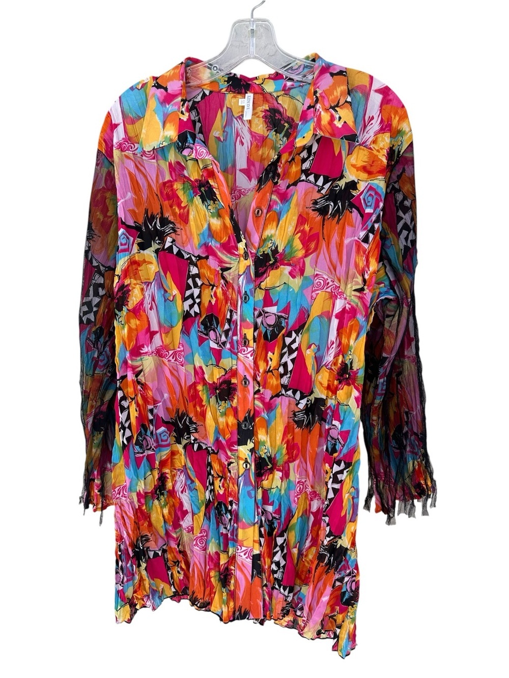 Lindi Vibrant Multicolor Button-Front Tunic Dress, Unique Tulle Sleeves, XL